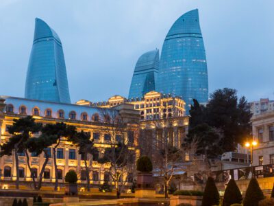 The Flame Towers at night, in Baku, Azerbaijan.