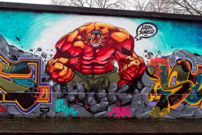 Vibrant, red and yellow colourful graffiti of the Incredible Hulk in Dublin, Ireland. © 2016 Nicholas Orloff.