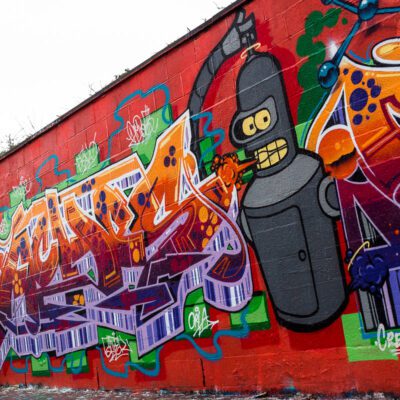 Graffiti of Bender from “Futurama” spray painting out of his mouth. Dublin, Ireland. © 2016 Nicholas Orloff
